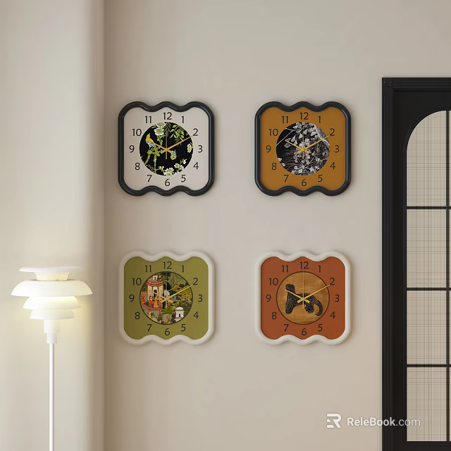 Four Square Wall Clocks With Different Decorative Patterns And Colors On Indoor Wall 3d model