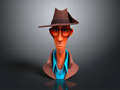Stylized 3D Game Movie Character Wearing Brown Hat Red Glasses Brown Coat And Blue Shirt 3d model