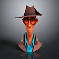 Stylized 3D Game Movie Character Wearing Brown Hat Red Glasses Brown Coat And Blue Shirt