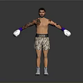 Shirtless Man With Tattoos Wearing Purple White Boxing Gloves And Leopard Print Shorts