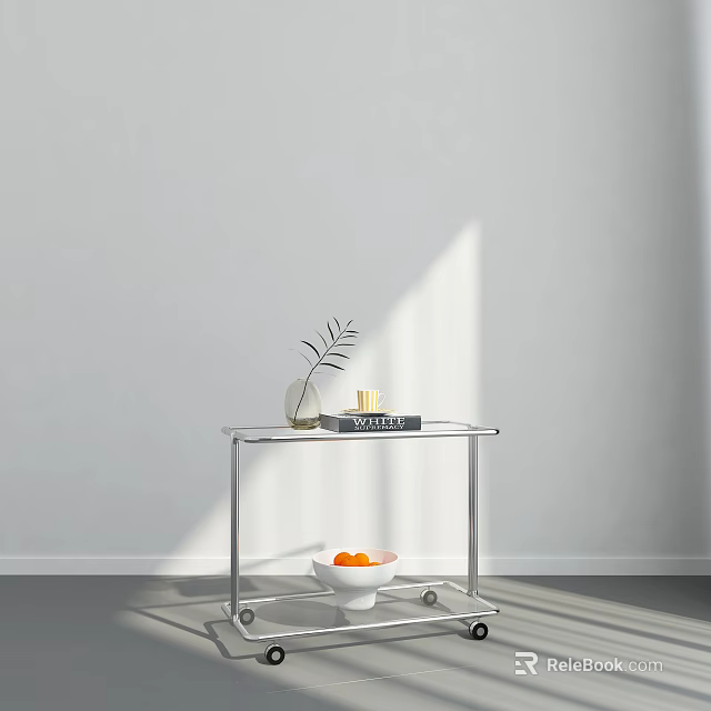 Sleek Modern Chrome Side Table with Plant Vase Books and Fruit Bowl on Wheels 3d model 