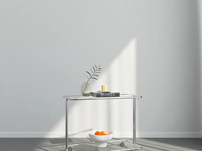Sleek Modern Chrome Side Table with Plant Vase Books and Fruit Bowl on Wheels 3d model
