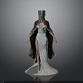 Elegant Woman In White Long Dress With Green Headpiece And Dark Cloak