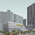 Modern Commercial Street With White Streamlined Shopping Center And Tall Buildings