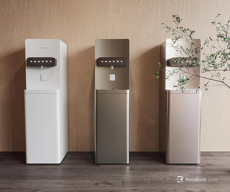 Modern Home Water Dispensers in Three Colors with Sleek Design and Green Plant 3d model 