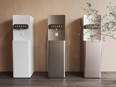 Modern Home Water Dispensers in Three Colors with Sleek Design and Green Plant 3d model