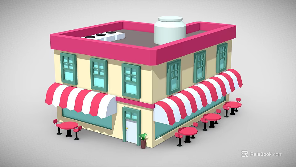 Cartoon Cafe Scene With Pink Roof Yellow Walls Striped Awnings Green Windows And Outdoor Tables 3d model 