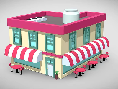 Cartoon Cafe Scene With Pink Roof Yellow Walls Striped Awnings Green Windows And Outdoor Tables 3d model