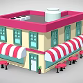 Cartoon Cafe Scene With Pink Roof Yellow Walls Striped Awnings Green Windows And Outdoor Tables