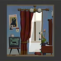 Cozy Vintage Interior With Blue Walls Red Curtains Vintage TV And Dresser Mirror
