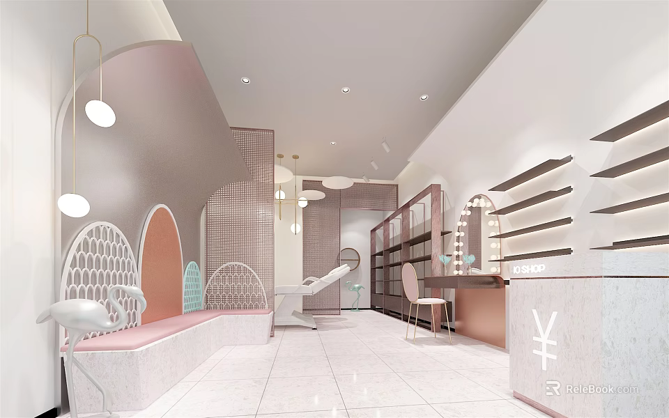 Luxury Modern Specialty Store Interior With Pink White Tones Curved Walls Mirrors Shelves And Seating 3d model 