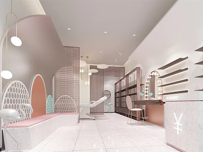 Luxury Modern Specialty Store Interior With Pink White Tones Curved Walls Mirrors Shelves And Seating 3d model