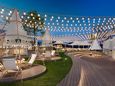 Scenic Park Landscape With White Tents String Lights Green Lawn Wooden Deck And Lounge Chairs 3d model
