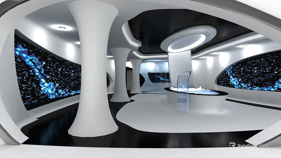 Futuristic Modern Interior Space With White Pillars Black Curved Ceiling And Blue Digital Screens 3d model 