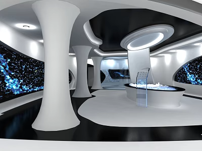 Futuristic Modern Interior Space With White Pillars Black Curved Ceiling And Blue Digital Screens 3d model