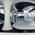 Futuristic Modern Interior Space With White Pillars Black Curved Ceiling And Blue Digital Screens