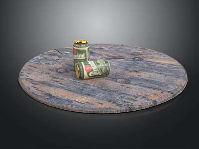 Circular Wooden Tray With Two Canned Drinks On Dark Background 3d model