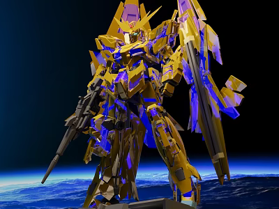 Yellow And Purple Gundam Model With Space Background And Earth View 3d model