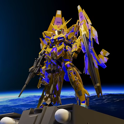 Yellow And Purple Gundam Model With Space Background And Earth View 3d model