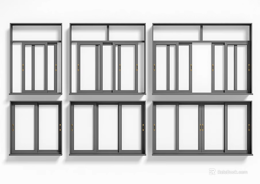 Various Window Designs with Gray Frames and White Glass in Grid Arrangement 3d model