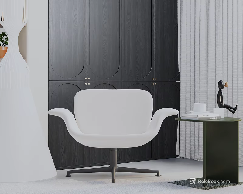 Modern White Leisure Chair With Dark Wood Cabinet And Green Side Table 3d model 