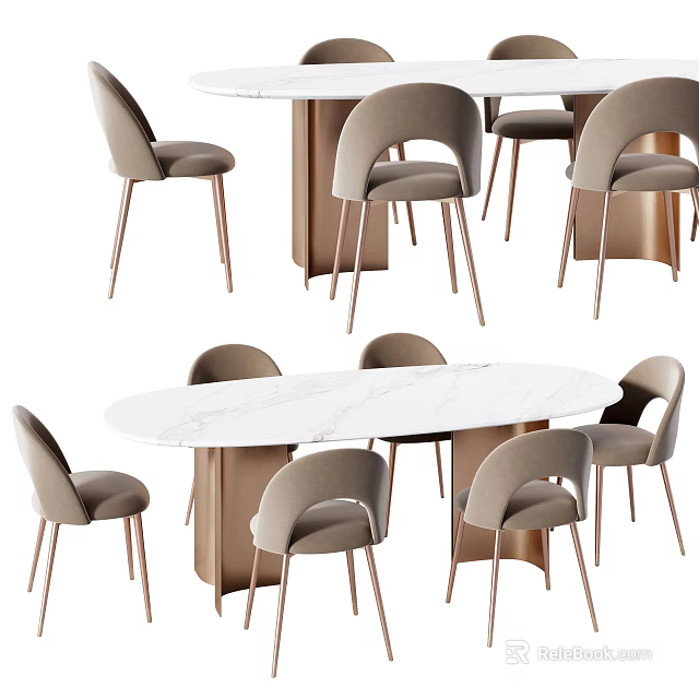 Elegant Modern Dining Table Set With Marble Top And Upholstered Gold Metal Leg Chairs 3d model 
