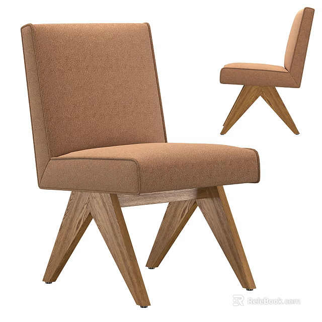 Elegant Brown Fabric Upholstered Dining Chair With High Back And Wooden Legs Design 3d model 