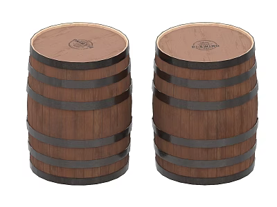 Two Vintage Wooden Barrels With Black Metal Hoops And Top Logos 3d model
