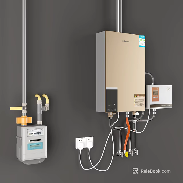 Wall Mounted Gas Water Heater With Gas Meter Connecting Pipes And Power Outlet 3d model 