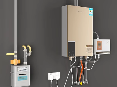 Wall Mounted Gas Water Heater With Gas Meter Connecting Pipes And Power Outlet 3d model