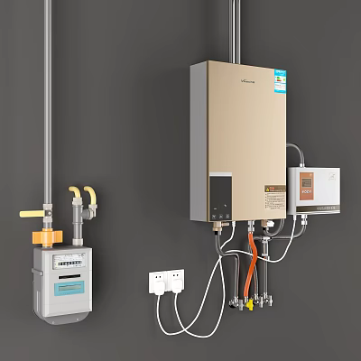 Wall Mounted Gas Water Heater With Gas Meter Connecting Pipes And Power Outlet 3d model