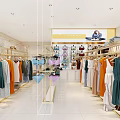 Minimalist Clothing Store Interior With Golden Racks Hanging Dresses White Walls And Display Shelves
