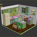 Green Kitchen Interior With White Countertop Island Refrigerator Red Wooden Floor And Cabinets