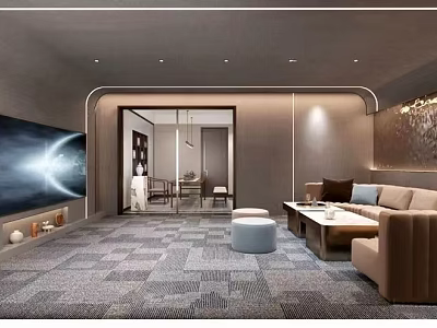 Modern Home Theater Interior Design With Large Screen TV Beige Sofa And Grey Carpet 3d model