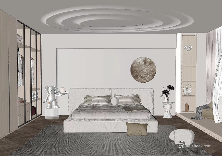 Modern Bedroom Interior Design With White Bed Circular Moon Artwork White Wardrobe And Gray Rug 3d model 