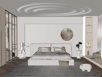 Modern Bedroom Interior Design With White Bed Circular Moon Artwork White Wardrobe And Gray Rug 3d model