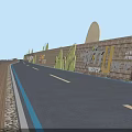 Scenic Stone Wall Featuring Yellow Artistic Patterns Text Logos By Road With Wooden Boardwalk Railing