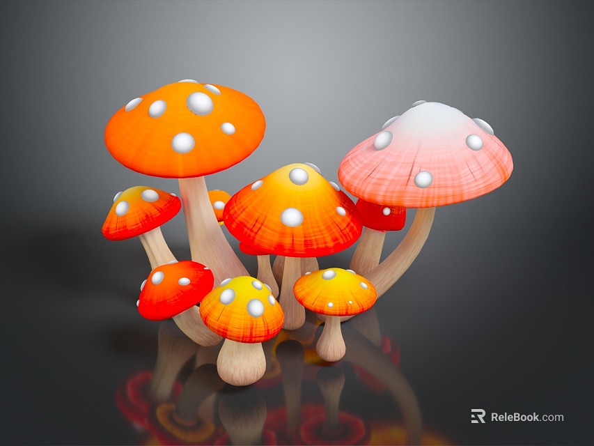 Colorful Edible Mushrooms with Red Orange Caps and White Spots in 3D Rendered Food Illustration 3d model 