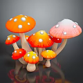 Colorful Edible Mushrooms with Red Orange Caps and White Spots in 3D Rendered Food Illustration