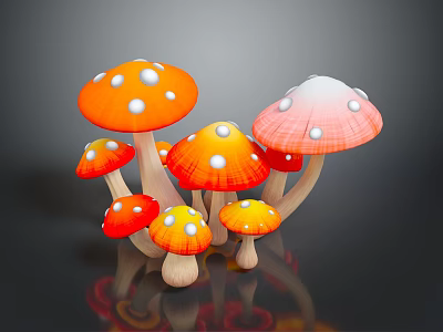 Colorful Edible Mushrooms with Red Orange Caps and White Spots in 3D Rendered Food Illustration 3d model
