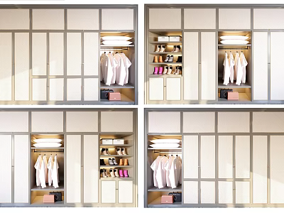 Modern Wardrobe Interior Design With Hanging Clothes Folded Storage And Shoe Shelves 3d model