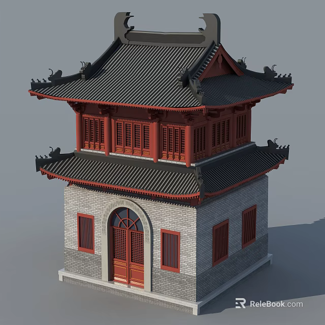 Ancient Chinese Architecture Two Story With Black Tiled Roof Red Doors And Gray Brick Walls 3d model 