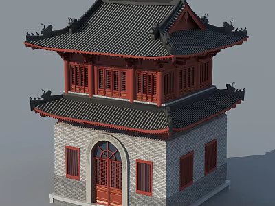 Ancient Chinese Architecture Two Story With Black Tiled Roof Red Doors And Gray Brick Walls 3d model