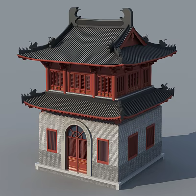 Ancient Chinese Architecture Two Story With Black Tiled Roof Red Doors And Gray Brick Walls 3d model