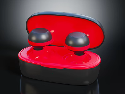 Stylish Red And Black Wireless Earbuds With Portable Charging Case Electronic Device 3d model