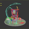 Cute Cartoon Scene Featuring Purple Leaf House Green Leaves Blue Stones Thread Spool and Logs