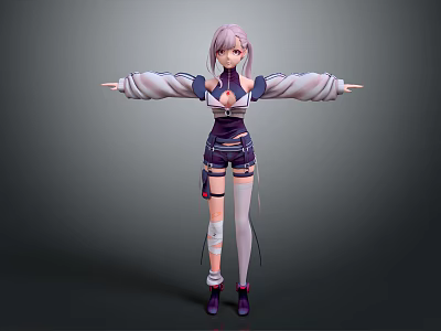 3D Anime Character With Pink Hair Stylish Outfit And Arms Outstretched Pose 3d model