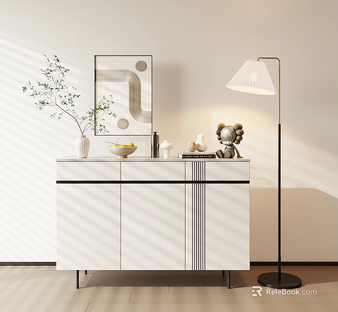 Modern White Entryway Console Cabinet With Decorative Vase Bowl And Floor Lamp 3d model 