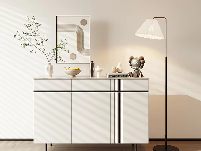 Modern White Entryway Console Cabinet With Decorative Vase Bowl And Floor Lamp 3d model