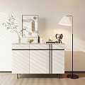 Modern White Entryway Console Cabinet With Decorative Vase Bowl And Floor Lamp